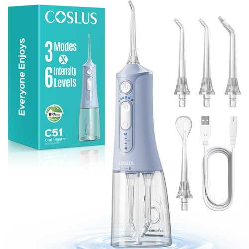 COSLUS Portable Water Flosser for Teeth: 3 Modes & 6 Pressure Settings with Jet Mode Water Dental Pick for Orthodontic, Braces, Sensitive Gums, Compact for Travel, 300ML for Multiple Users, Blue C51