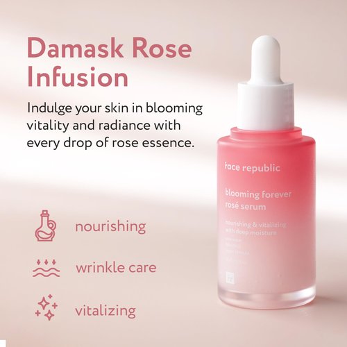Face Republic Blooming Forever Rosé Serum 45ml 1.52 fl oz | Damask Rose, Bakuchiol | Revitalizing & Rejuvenating | Wrinkle Care | Firm and Elastic Skin | Vegan Korean Skincare