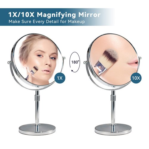17" Tall Tabletop Magnifying Makeup Mirror Height Adjustable Vanity Mirror 1X/10X Magnification, 8" Large Double-Sided 360° Swivel Classic Round Desktop Make Up Mirror for Bathroom & Bedroom, No Light