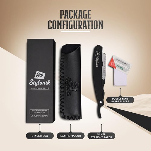 Stylonik Professional Straight Edge Barber Razor – 60 Single/30 Double-Sided Stainless Steel Blades for Men & Women, with Leather Case (Silver)