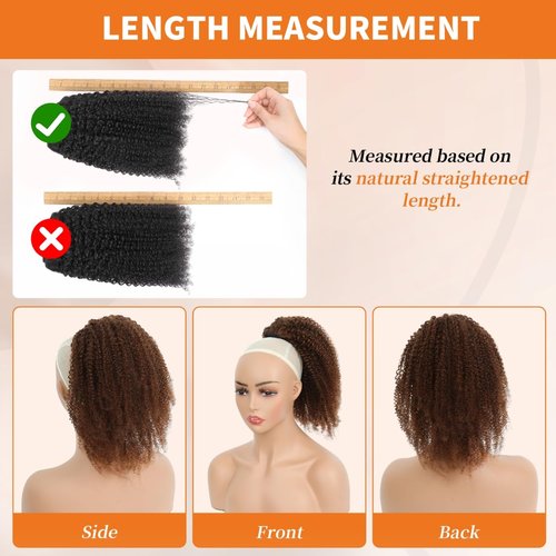 Afro Kinky Curly Ponytail Human Hair 150% Density Brazilian Virgin Hair 4C Afro Puff Drawstring Ponytail Extension for Black Women Dark Brown Color （12 Inch 4#）
