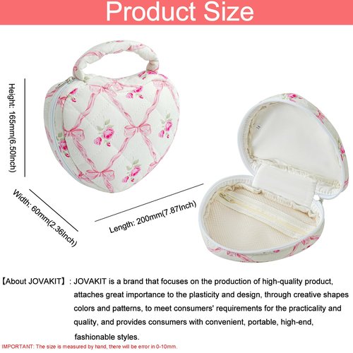 JOVAKIT Quilted Heart Shaped Makeup Bag Cosmetic Bag for Women with Handle, Floral Coquette Cotton Travel Makeup Case Toiletry Zipper Make Up Pouch, Travel Storage Organizer Stuff (Pink Bowknot)