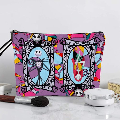 WLWLGLUCK Portable Jack & Sally Themed Makeup Bag, Before Xmas Nightmare Cosmetic Bag, Jack Skellington & Sally Portable Travel Cosmetic Organizer- Cotton & Linen, Water-Resistant, 9.8x7 Inches