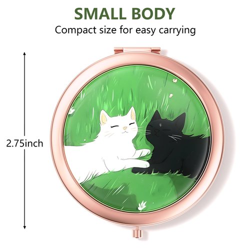 Nipichsha Compact Mirror, Pocket Travel Makeup Mirror, 2 - Sided 2X / 1X Magnification, Small Folding Portable Handheld, 2.75 in Rose Gold, Happy Cats