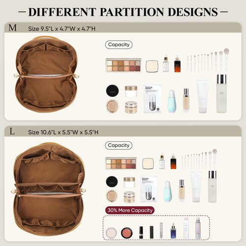 MSTONAL Travel Makeup Bag, Large Capacity Cosmetic Bags for Women, Waterproof Portable Pouch Open Flat Make up Organizer Bag with Dividers and Handle, Toiletry Bag for Essentials, Medium Size, Brown