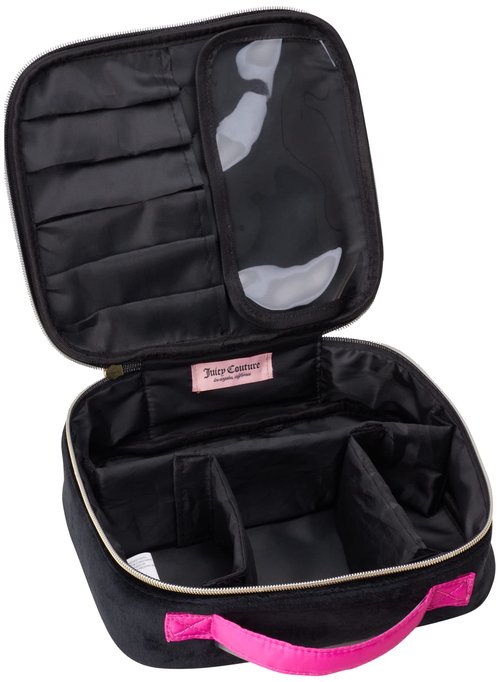 Juicy Couture Black Hot Pink Makeup Bag Cosmetics Organizer Travel Essentials Compartmentalized Glitter