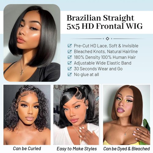 EQ DUOUPA Wear and Go Glueless Bob Wigs Human Hair Pre Plucked Pre Cut Short Bob Straight Lace Front Wigs 5x5 Hd Lace Closure Wigs Human Hair for Beginners Natural Black 8inch (bob human hair, 8inch)