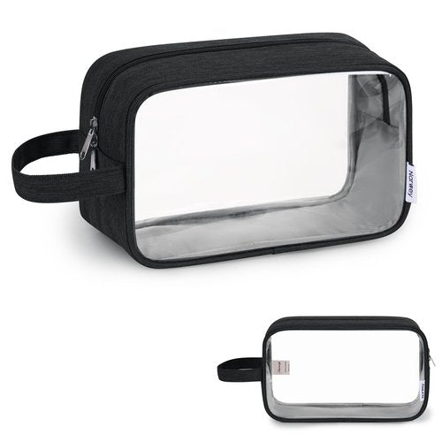 Narwey Clear Travel Toiletry Bags for Traveling Toiletries Men Women, Clear Makeup Bag Cosmetic Bag with Zipper, Make Up Pouch Organizer Bag with Handle, Skincare Beach Snack Medicine Bag, Black