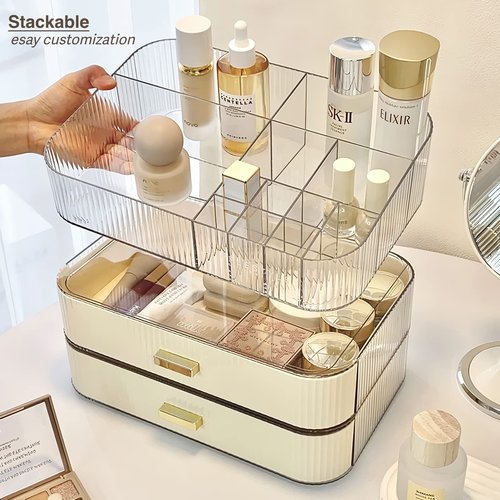 Makeup Organizer with Stackable Drawer, Cosmetic Storage Display Case for Vanity, Bathroom Countertop or Dresser,Counter top Holder for Lipstick, Brushes, Lotions, Eyeshadow, Nail Polish
