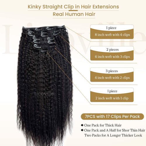 Kinky Straight Clip in Hair Extensions 120Gram Brazilian Virgin Kinky Clip in Human Hair Extensions for Black Women Full Head Natural Black #1b Kinky Straight Clip ins 18 Inch