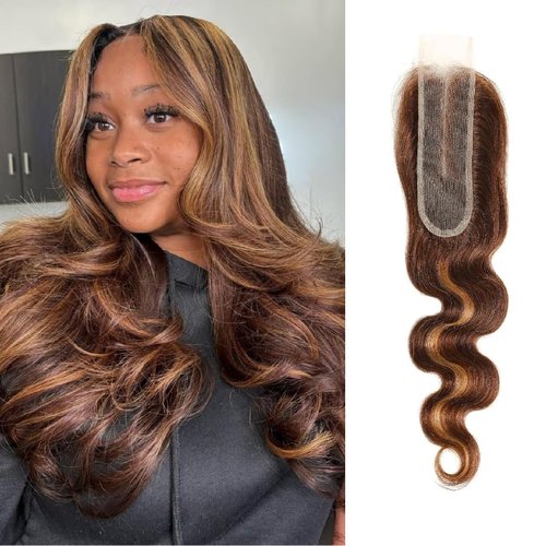 4/27 Closure Human Hair Lace Frontal Highlight Body Wave Lace Closure Brazilian P4/27 2 By 6 Lace Frontal HD Transparent Deep Free Side Part Kim K With Baby Hair Natural Hairline 14 Inch