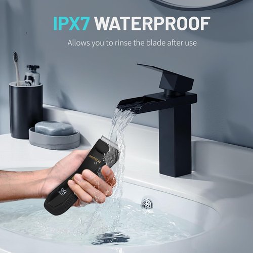 PRITECH Body Hair Trimmer for Men - Waterproof Pubic Hair Ball Trimmer, Ceramic Blade Body Shavers for Men with USB-C Charging, Wet & Dry Use & Nick-Free Design, Sensitive Skin Safe (Black)