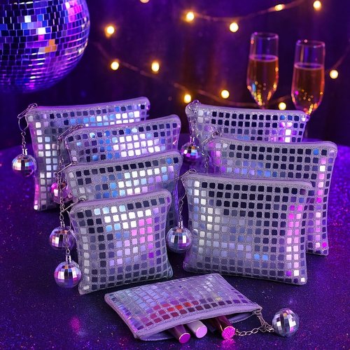 Yeehlmer 6 Pack Disco Sequin Makeup Bag for Women, Glitter Cosmetic Pouch & Party Clutch Purse, Sparkly Travel Organizer for Bachelorette, Concert, Festival, or Night Out Gifts (6, Silver)