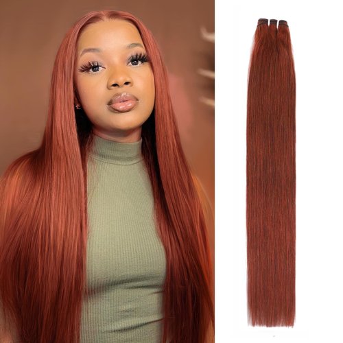 HERMOUS 13A Double Drawn Reddish Brown Bundles Copper Red Human Hair Single Straight Full and Thick Brazilian 100% Real Raw Human Hair Quick Weave Auburn Brown Colored #33B Bundles 10 Inch