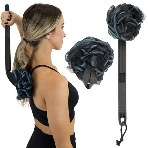 Vive Long Handled Loofah on a Stick - Mesh Back Sponge for Bath, Reusable w/Extra Pouf - Exfoliating Scrubber for Elderly & Disabled, Soft Loofa for Bathing Men & Women