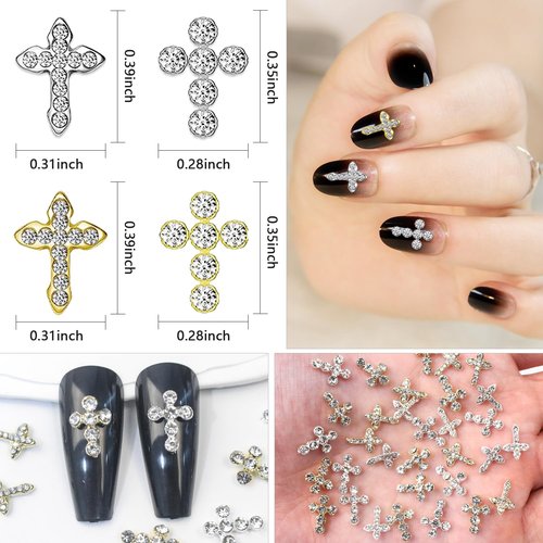 JERCLITY 40pcs 3D Cross Nail Charms Gold and Silver Cross Charms for Nails Nail Cross Charms with Clear Rhinestones 3D Jewelry Making Nail Art Accessories