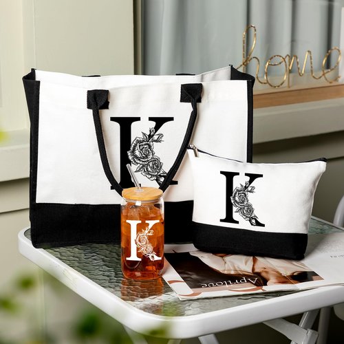 Aliceset Birthday Gifts for Women, Initial Canvas Tote Bag, 16oz Initial Glass Cup, Makeup Bag with Zipper for Mom Sister Friends(Letter K)