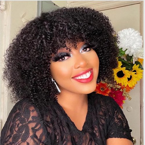 PECWU Afro Kinky Curly Wig Human Hair with Bangs Jerry Curly Human Hair Wig Burmese Curly Afro Kinky-Curly Human Hair Glueless Wear and Go for Black Women 12“