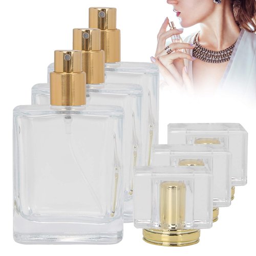 Yinhing Glass Refillable Perfume Bottle, 50ml Refillable Perfume Bottle, Transparent Glass Spray Liquid Empty Atomizer Container (Gold)
