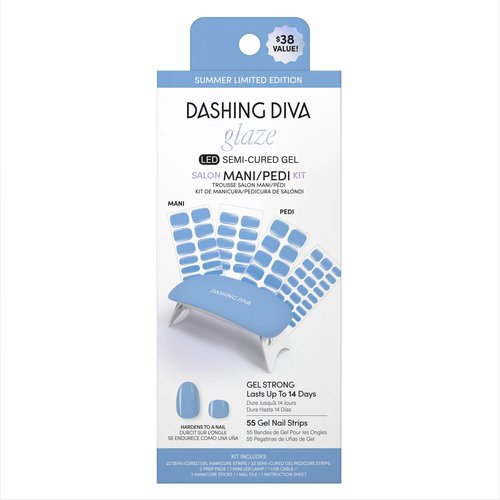 Dashing Diva Glaze Mani Pedi Kit - The Bitesize Blue Glaze - Comes with LED Nail Lamp - Long Lasting, Semicured Gel Nail Strips for Toes & Hands