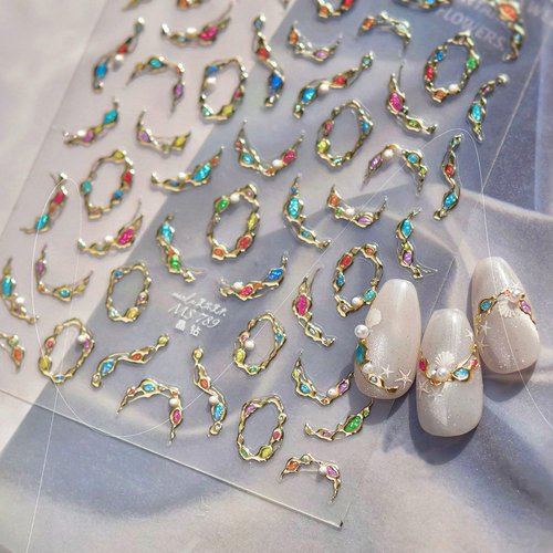 1 Sheets Embossed Gold Nail Stickers for Nail Art 5D Gem Nail Art Stickers Pearl Crystal Diamond Design Decals Self-Adhesive Gems Nail Decoration Summer Nail Decals for Women Nails Supplies