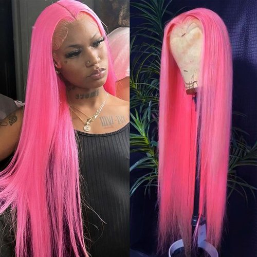 Lovestory Pink Color Lace Front Wigs Long Straight Hair Pastel Pink Heat Resistant Free Part Synthetic Lace Wig Natural Hair High Density Synthetic Lace Front Wigs for Fashion Women