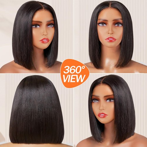Iridescent Lace Front Bob Wigs Human Hair 13x4 HD Lace Glueless Bob Wig Human Hair Short Straight Frontal Bob Wigs for Black Women Pre Plucked with Baby Hair Natural Color 180% Density 10 Inch