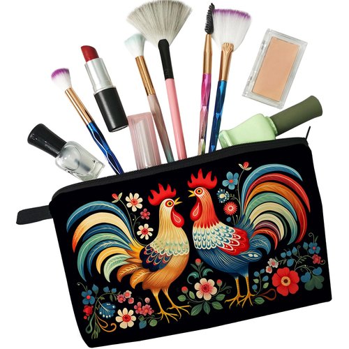 Livel lhood Floral Roosters Makeup Bag Colorful Chicken Small Organizer Bag Zipper Pouch Ethnic Style Roosters Print Cosmetic Bag Present for Women Friends