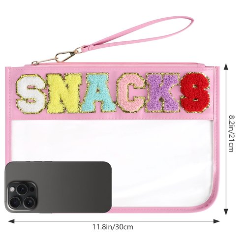 Narsikar Clear Snack Bag for Travel, Chenille Letter Clear Zipper Snacks Pouch Nylon Cosmetic Bag Makeup Travel Bag for Women(Pink)
