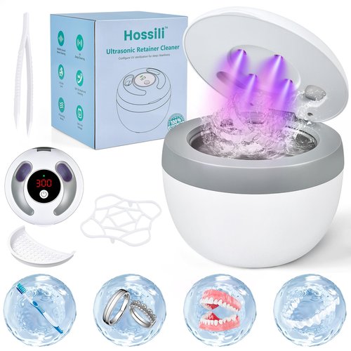 Hossili Ultrasonic Retainer Cleaner Machine, 45kHz 200ML Dental Cleaning Pod with 4 Wash Modes, Digital Timer for Denture Cleaner, Aligners, Mouth Guards, Braces, Jewelry & Toothbrush Heads (White)