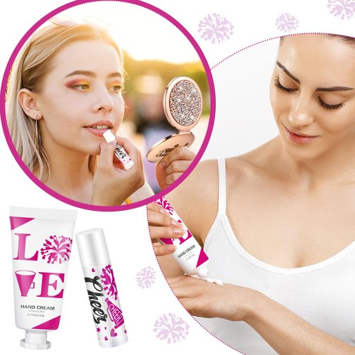 Heigble 144 Pcs Cheerleading Lip Balms Hand Cream Sets Pink Cheerleading Party Supplies Including 36 Lip Balm and Moisturizing Hand Cream 36 Organza Bags Cards and Ropes for Team Thank You Gifts