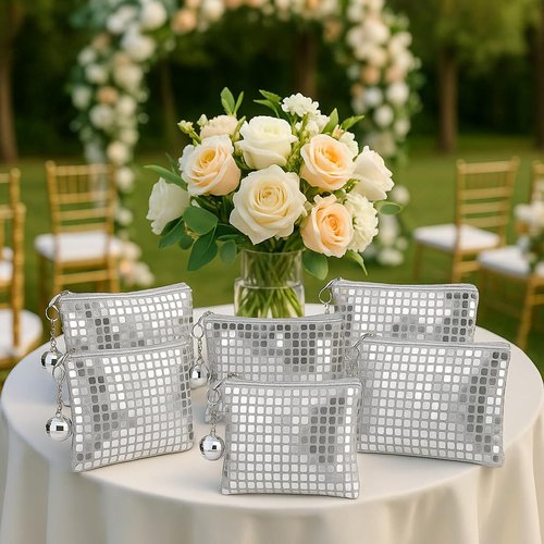Yeehlmer 6 Pack Disco Sequin Makeup Bag for Women, Glitter Cosmetic Pouch & Party Clutch Purse, Sparkly Travel Organizer for Bachelorette, Concert, Festival, or Night Out Gifts (6, Silver)