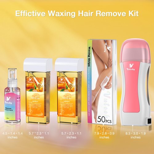 Vuteehy Roll on Wax Kit, Rolling Wax Hair Removal Kit for Women Men, Waxing Kit for Hair Removal, Roller Waxing Kit with 2 Honey Cartridges, 50 Pcs Strips