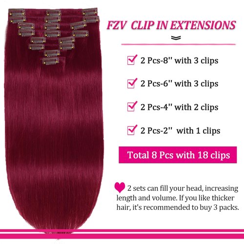 Clip in Hair Extensions Real Human Hair 120g 22inch Kinky Straight Clip ins 8pcs with 18clips Per Set Burgundy Soft Long Remy Human Hair Extensions Seamless Extensions Human Hair