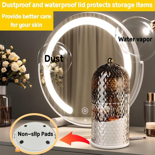 RONGZHIERK Makeup Brush Holder with Lid，Makeup Brush Storage Box with Diamond Pattern，360 Rotating Waterproof and Dustproof Beauty Brushes Storage for Vanity Bathroom,White