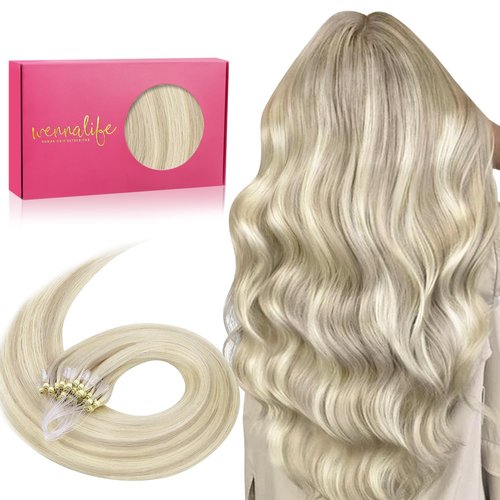 WENNALIFE Microlink Hair Extensions Human Hair, 50g 50s 14 Inch Ash Blonde Highlighted Platinum Blonde Remy Hair Microbead Micro Link Microloop Microring Invisible Straight Natural Fusion Installation