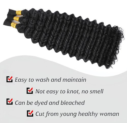 Human Braiding Hair for Boho Braids Deep Wave Bulk Human Hair 120g 18 Inch 12A Knotless Boho Braiding Curly 100% Virgin No Weft Extensions Bohemian Braids 3 Bundles/Pack Natural Color