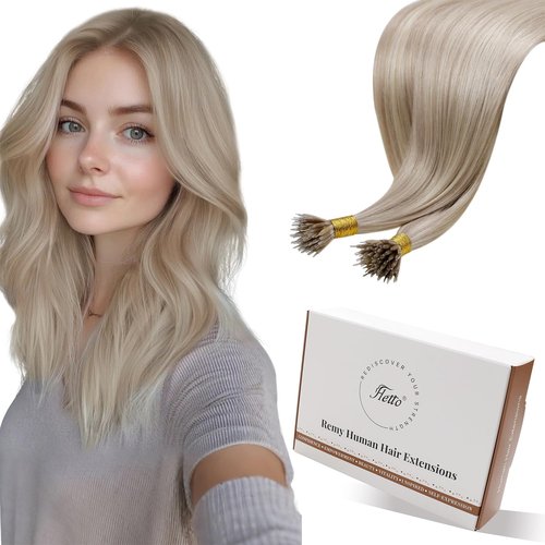 Hetto Nano Bead Hair Extensions Human Hair Ash Blonde Highlight with Bleach Blonde Nano Ring Hair Extensions Blonde Highlights Nano Hair Extension Invisible 16 Inch 1g/s 50g