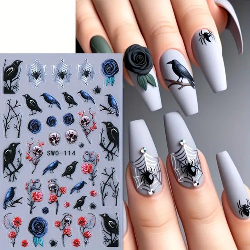 Halloween Nail Art Stickers Decals 2PCS 5D Embossed Skull Nail Art Decals Crow Spider Web Nails Supplies Branch Blue Red Flowers Skull Spider Designs Stickers Halloween Manicure Decorations for Women