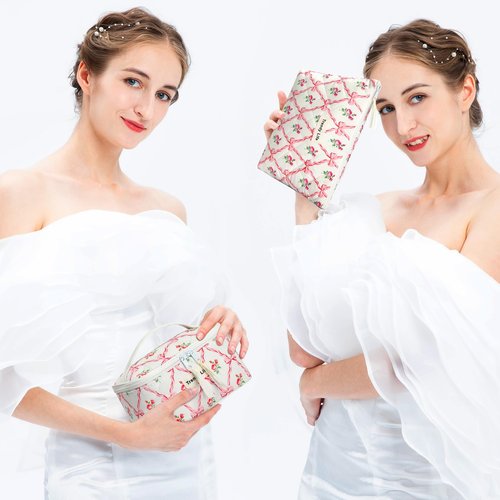 HAOGUAGUA 2 Pieces Makeup Bag, Small Large Quilted Cosmetic Bag, Travel Floral Make Up Toiletry Organizer Bag for Women Girls (2PCS STYLE B-1)