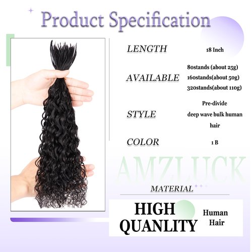 Pre-Divided Human Braiding Hair for Boho Braids Water Deep Wave Human Hair Bulk for Braiding Curly Human Hair for Boho Locs Boho Crochet Braids Human Hair Extensions (18"160Strands,1B)