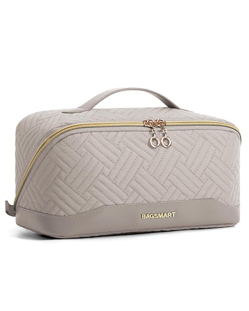 BAGSMART Makeup Bag Cosmetic Bag, Travel Makeup Bag,Water-resistent Makeup Bags for Women Portable Pouch Open Flat Make Up Organizer Bag for Toiletries, Brushes, Tranquil Gray
