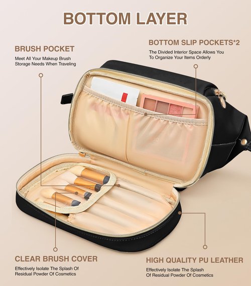 Hairao Toiletry Bag for Women, Large Makeup Bag with Double Layer Design, Waterproof Makeup Organizer Bag, PU Leather Cosmetic Travel Bag with Brush Compartment, Q-Black
