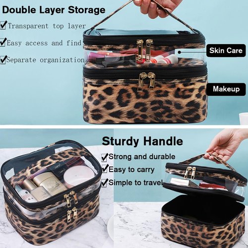 FITINI Makeup Bags Double Layer Travel Large Cosmetic Cases Organizer Toiletry Bags Waterproof Small Zipper Pouch for Women Makeup Brush Storage Bag,Brown Leopard