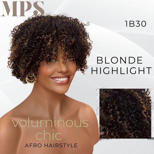 MPS Kinky Curly Wig with Bangs Blonde Highlight Wigs 3C-4A Coily Afro Curl Human hair Wig Short Human Hair for Black Women Ready to Wear