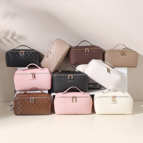 Cuteseason Makeup Bag, Travel Toiletry Bag for Women, Large Capacity Waterproof PU Leather Cosmetic Bags Make Up Organizer Bags with Headband and Wristband Set (Brown, Lychee Pattern)