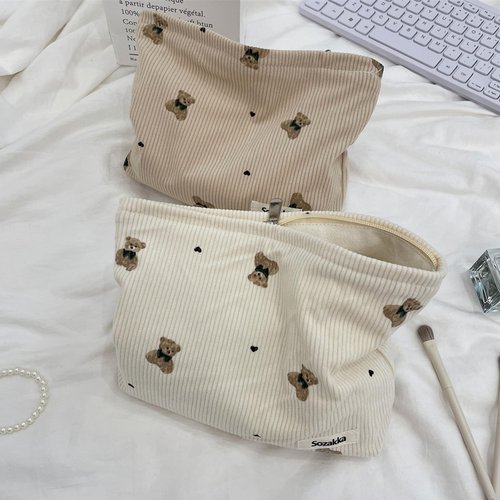 RSRSLEII Corduroy Travel Makeup Bag with Bear Pattern, Cosmetic Bag for Purse Organizer, Toiletry Bag with Zipper For Women Travel Essentials(02Beige)