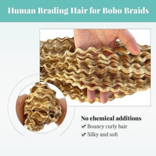 Honey Blonde Highlight Human Braiding Hair for Boho Braids Water Wave Bulk Human Hair for Braiding Ombre Color No Weft 2 Bundles 100G Wet And Wavy Twist Hair Braiding 16 Inch