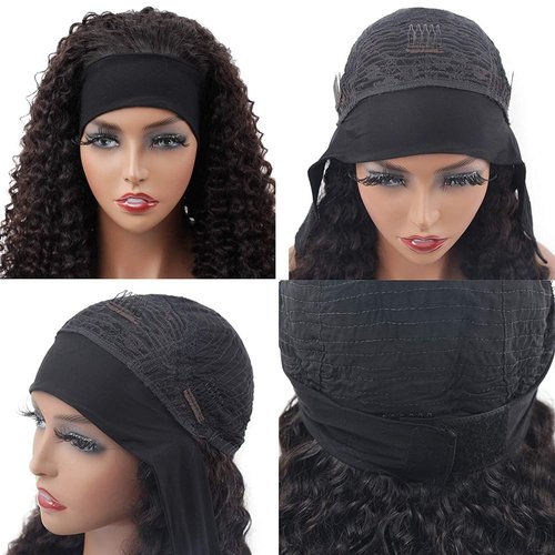 Unvizossa Headband Wig Human Hair Deep Wave None Lace Front Wigs Human Hair Curly Headband Wigs for Black Women 150% Density Natural Color 14 Inch