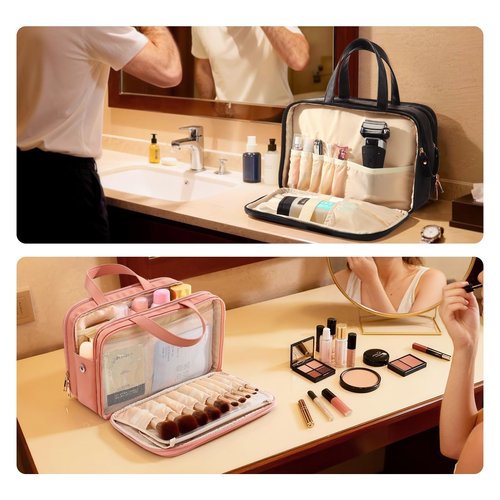 AKOIIN Large Travel Toiletry Bag with Makeup Brush Holder, 25 Pockets, Double Reinforced Handles & Luggage Sleeve, Waterproof PU Leather Cosmetic Organizer (Black)